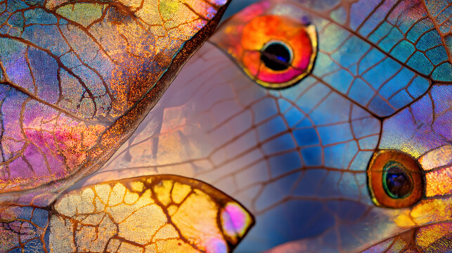 Vibrant Close-Up of Dragonfly Wings with Iridescent Colors and Complex Patterns. - Powered by Adobe