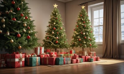 A Christmas tree with beautifully wrapped presents and ornaments, christmas tree topper, ornaments, holiday decor