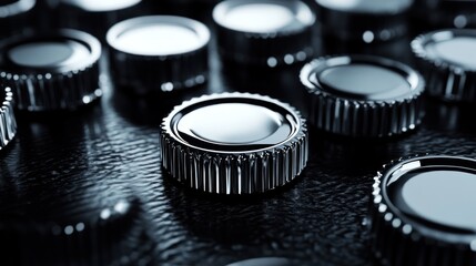 Chrome gears on dark surface, industrial background