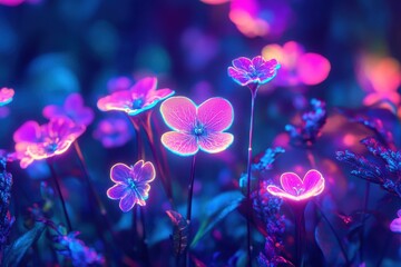 Brightly illuminated flowers in vibrant colors during a nighttime setting