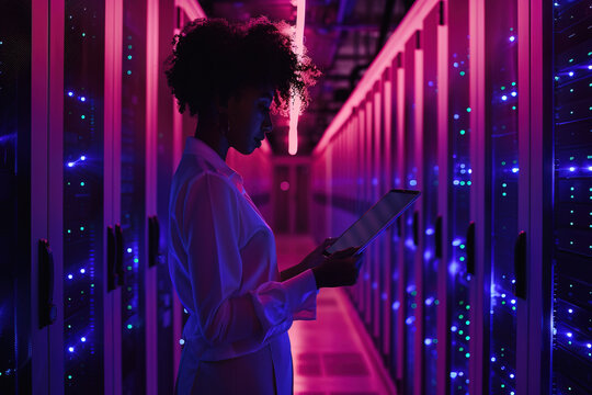 Woman working on tablet in a vibrant server room with colorful lighting - Powered by Adobe