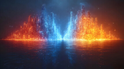Futuristic Cityscape Divided by Fire and Ice: A Digital Art Landscape