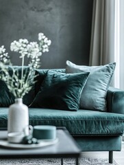 Modern Living Room Interior Design with Velvet Couch and Grey Wall