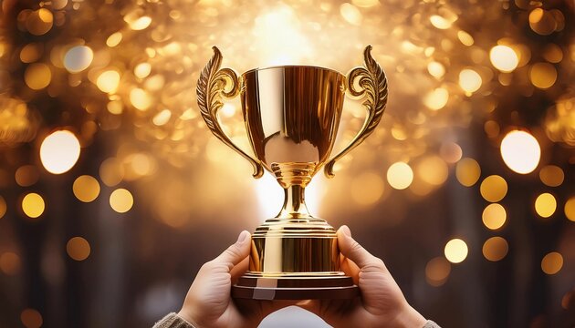 Hands holding up a gold trophy cup with abstract shiny background, 