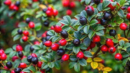Obraz premium A close-up shot of a thorny black rose bush with dense foliage and vibrant red berries, shrubs, plant textures, berry clusters, garden borders, dark roses