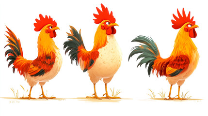 Fototapeta premium Three different chicken poses isolated on a white background with written all over the image