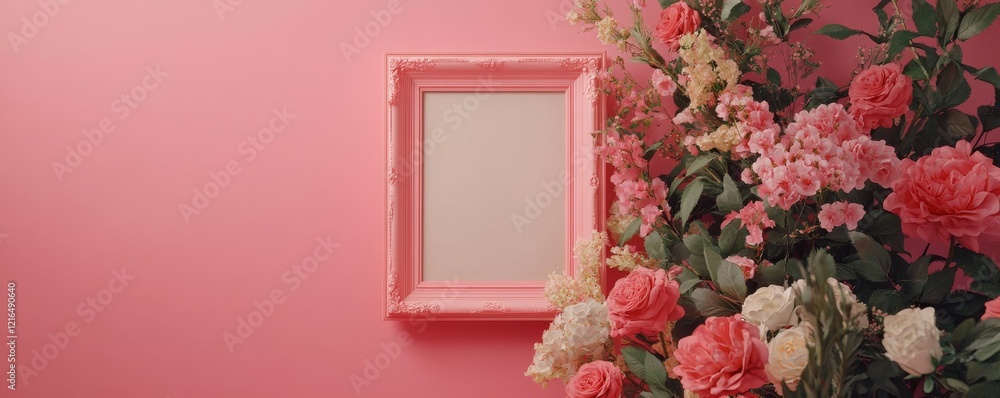 Poster decorative setup featuring flowers and an empty frame on a pink background for joyful occasions