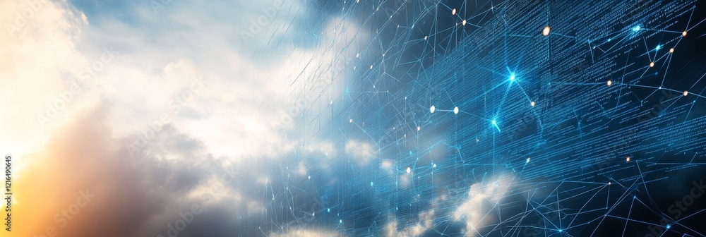 Poster global network connection, cloud computing and data exchange concept art with sunrise background