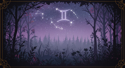 A stylized illustration of a night sky with constellations and trees in the foreground.