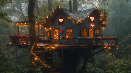 Obraz premium Whimsical Valentines Day treehouse retreat with heart shaped string lights a cozy balcony decorated with pink and red flowers and a view of the surrounding forest