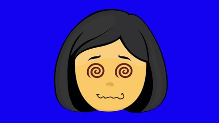 video animation yellow emoji face character woman cartoon, hypnotized or drugged with spinning spiral eyes shape, on a blue chroma key background
