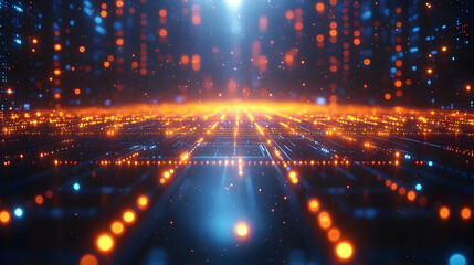 Fototapeta premium Abstract digital city landscape with glowing lights and particles. Futuristic technology background with vibrant colors and dynamic energy.