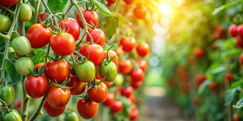 Obraz premium A cluster of tomato plants with green leaves and red tomatoes on a trellis or support structure, landscape, fruit, produce