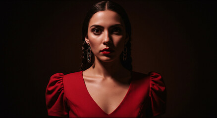A woman in a red dress poses against a dark background.