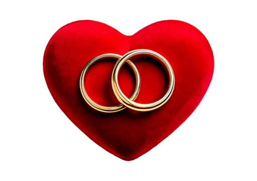 Two golden rings on a red velvet heart-shaped isolated on transparent or white background