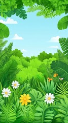Fototapeta premium Lush Green Tropical Forest Canopy with Flowers and Bright Sky