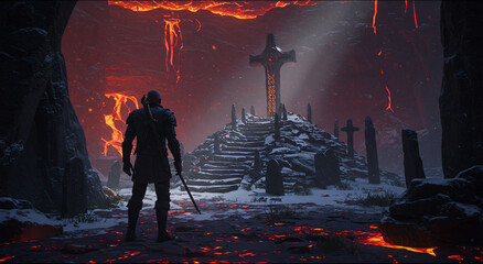 A lone warrior stands in a desolate, fiery landscape with a cross in the background.