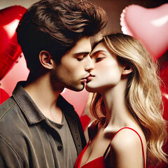 Young couple celebrating Saint Valentine's Day with hugs, kisses, balloons and greeting cards.