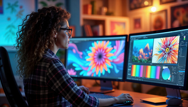 Creative graphic designer uses large digital canvas. AI hologram assists with colors, layout. Artistic studio environment. Various design tools, artwork visible. Modern tech, inspiration.