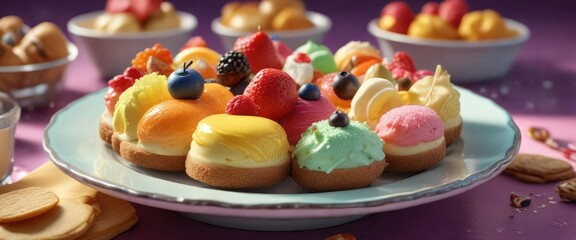 Obraz premium A colorful dessert plate with a variety of sweet treats arranged artfully, texture, sweet treats, composition