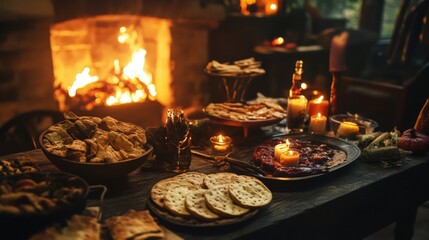 Naklejka premium A cozy autumnal gathering around a fireplace, with a variety of food and drinks.
