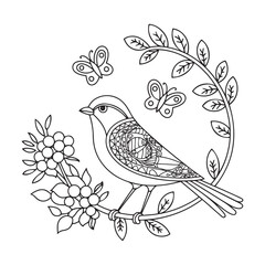 Elegant Bird and Butterfly Line Art A Floral Nature Illustration