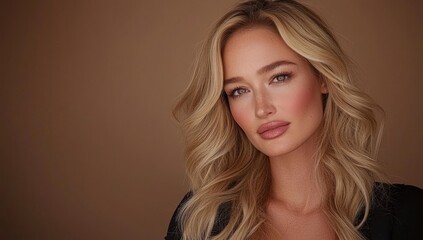 Fototapeta premium A portrait capturing a young woman with flowing, soft blonde hair and a tranquil look, against a cozy brown background.