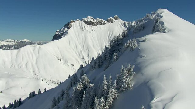Vue a&eacute;rienne survol ar&ecirc;te et sommet de montagne avec sapin blanc et neige fra&icirc;che