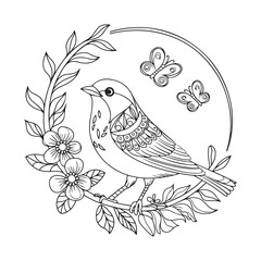 Elegant Bird and Butterfly Line Art A Floral Nature Illustration