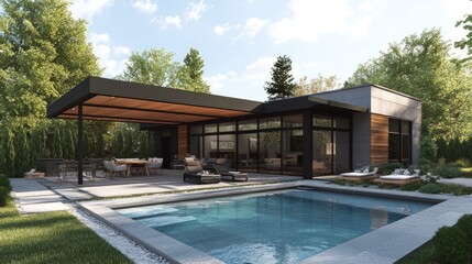 Fototapeta premium Modern Architectural Design House with Pool and Patio Landscaping Luxury Home Exterior