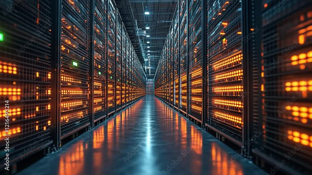 Poster rows of illuminated servers in a high-tech data center during nighttime operations