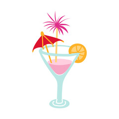 Drink in a martini glass. Pink drink with an umbrella, Christmas rain and lemon for celebrating in the tropics. Christmas is tropical, hand-drawn. Flat illustration. Isolated object on white