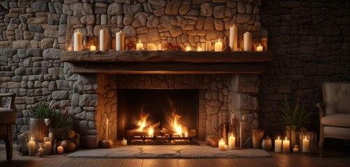 A crackling fire in a stone fireplace with candles on the mantle, candlelight, fire, mantel