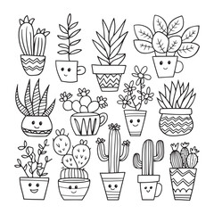 Charming Cartoon Houseplants Fun Black and White Sketches