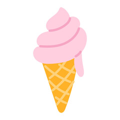 An ice cream cone, highlighted on a white background. A mesh ice cream cone decorated with pink ice cream. The sweet treat is depicted in a bright and flat style