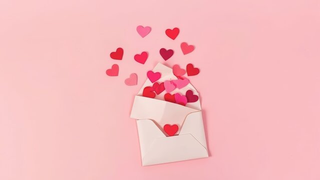 A red and pink heart shaped piece of paper comes out of a white envelope on pink background. Generative AI