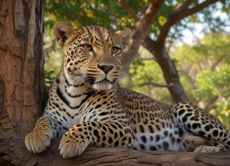 Obraz premium A large wild leopard resting its body against a marula tree trunk, savannah, lean
