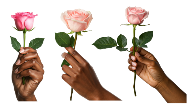 Woman hand holding a pink rose, isolated png