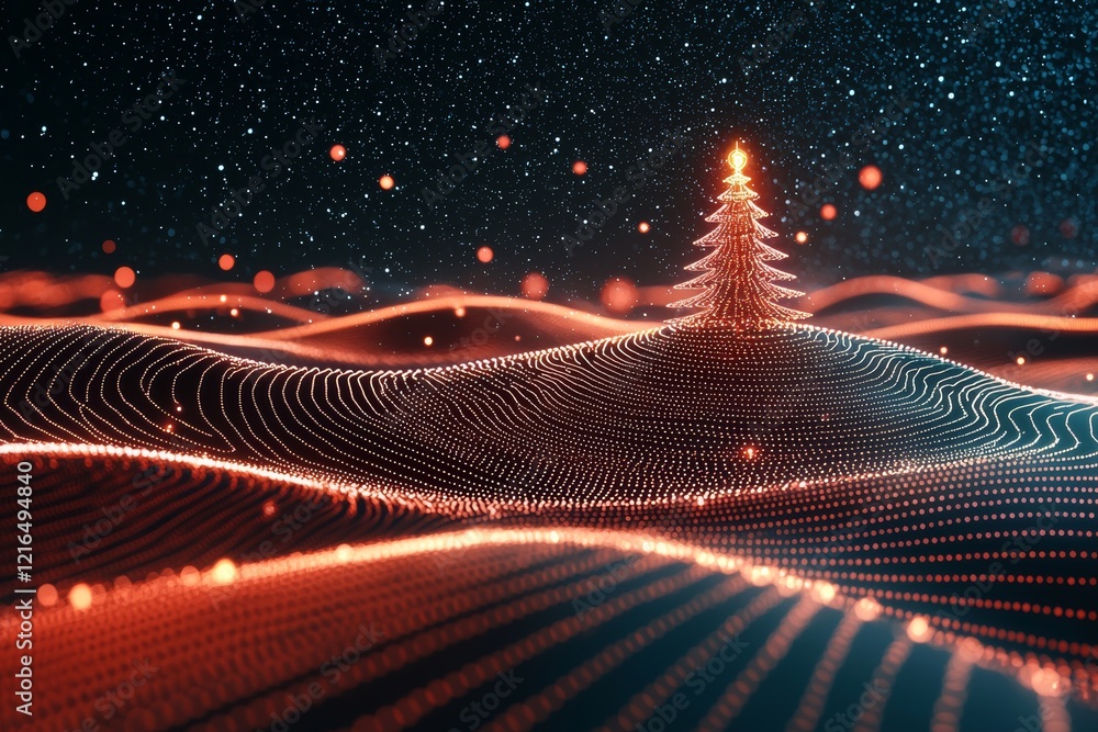 Poster an 80s and 90s retro-futurism scene with a cyber grid, a christmas tree set against a retro sunset, 