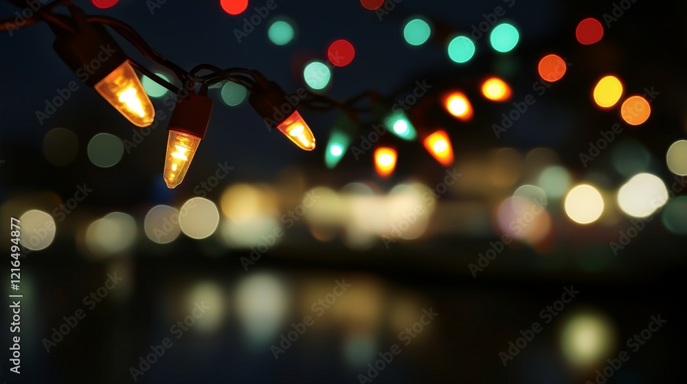 Poster frame of festive lights: colorful light strings with a clear text space on a white backdrop.