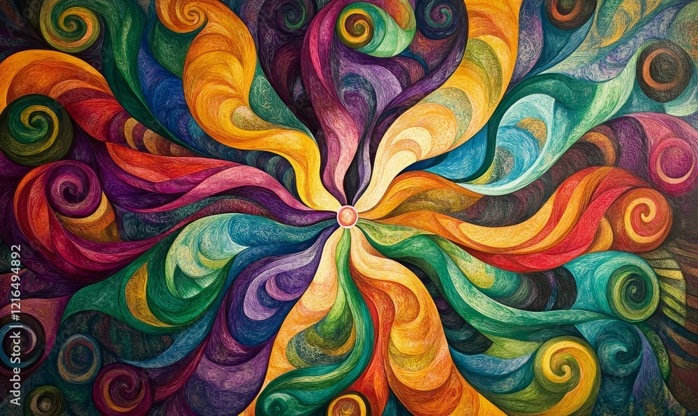 Poster dazzling swirls of color burst forth from a single point in mid-air, swirling patterns, abstract art