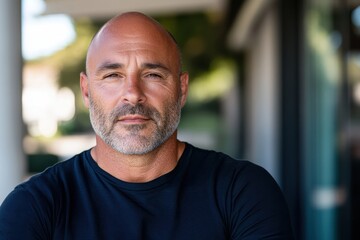 Obraz premium This portrait captures a confident man with a well-groomed look and serious expression, showcasing his strong features against a blurred outdoor background.