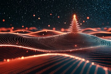 An 80s and 90s retro-futurism scene with a cyber grid, a Christmas tree set against a retro sunset, and a universe background with a synthwave wireframe net.