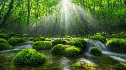A tranquil dawn in a woodland adorned with verdant moss.
