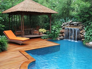Luxury Backyard Oasis: Tranquil Pool, Waterfall, and Gazebo Retreat