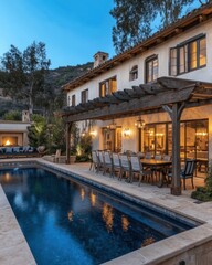 Naklejka premium Luxury Mediterranean Villa with Pool and Pergola at Dusk: Tranquil Evening by the Poolside