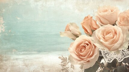 Obraz premium Peach roses bouquet with lace on textured background.