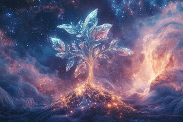 Celestial Tree Of Light Growing In A Cosmic Nebula