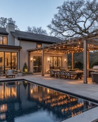 Fototapeta premium Luxury Backyard Oasis: Evening Poolside Relaxation under a Starlit Pergola