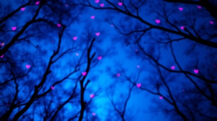 night sky, bare tree branches, glowing pink cherry blossoms, mystical blue atmosphere, looking up, ethereal, dreamy, magical forest, starry background, surreal landscape, fantasy mood, intricate detai